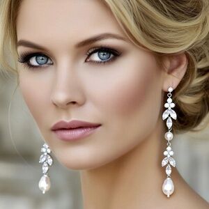 Bridal Pearl Earrings Long Wedding Cubic Zirconia Pageant Swarovski Handmade